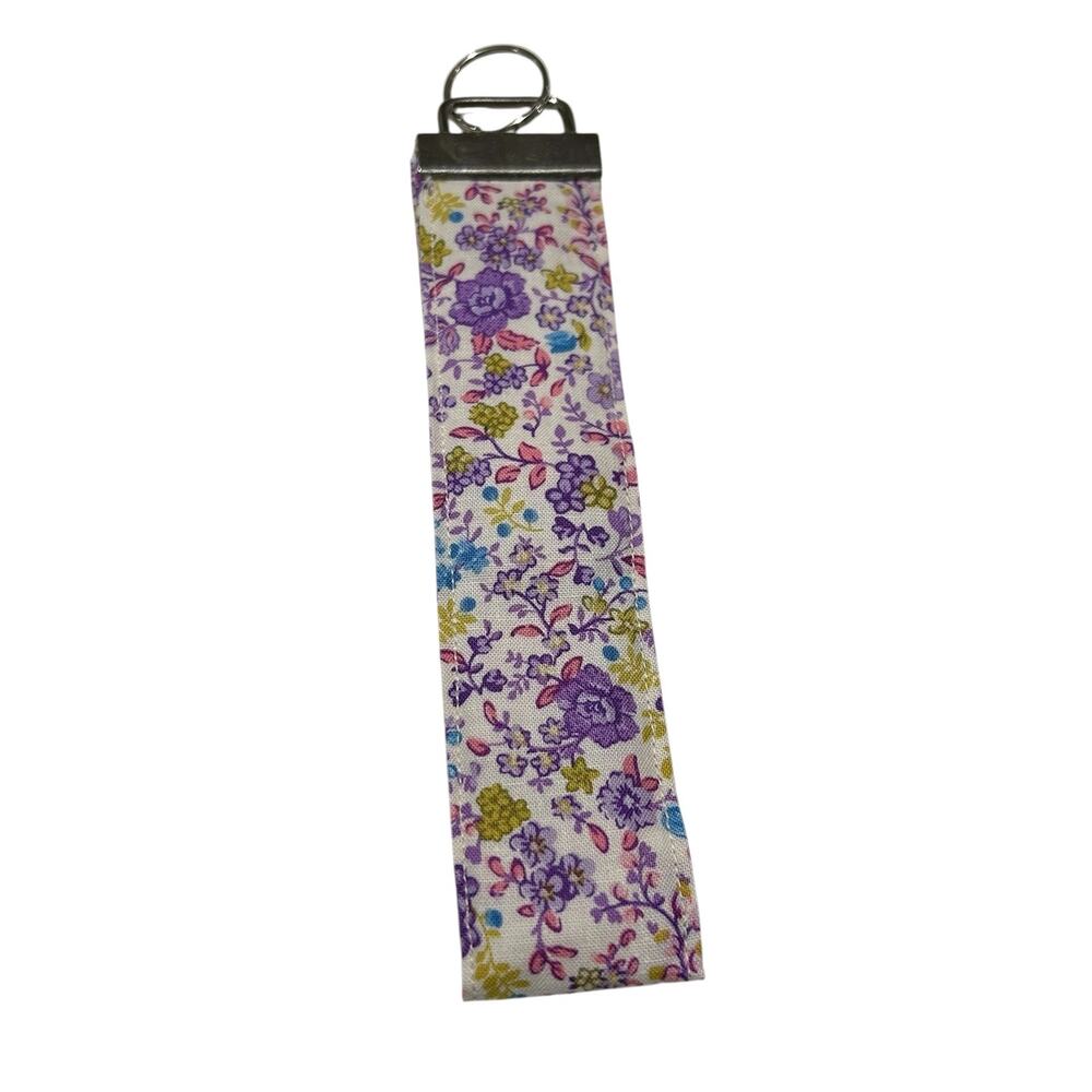 NEW Handmade Wrist Keychain White with Delicate Purple Floral Pattern